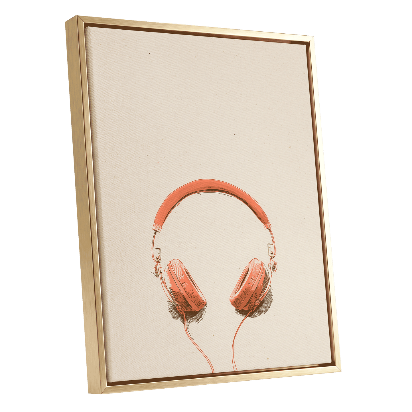 Vermilion Headphones, orange, beige, black minimalist wall art shown as a gold framed canvas wall art