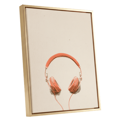 Vermilion Headphones, orange, beige, black minimalist wall art shown as a gold framed canvas wall art