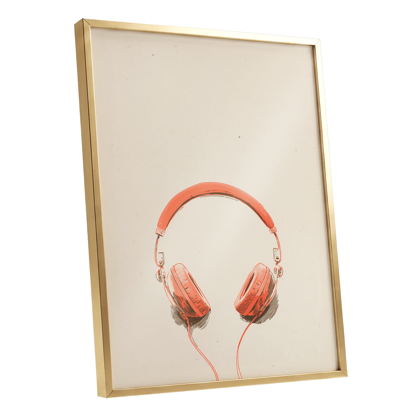 Vermilion Headphones, orange, beige, black minimalist wall art shown as a gold framed poster wall art print