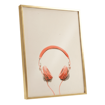 Vermilion Headphones, orange, beige, black minimalist wall art shown as a gold framed poster wall art print