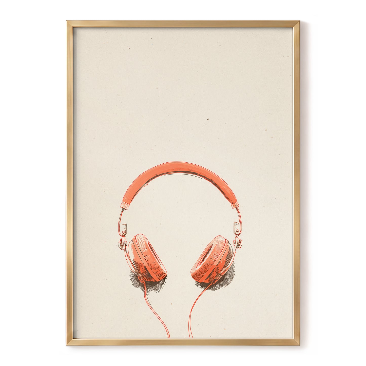 Vermilion Headphones, orange, beige, black minimalist wall art, front artwork view