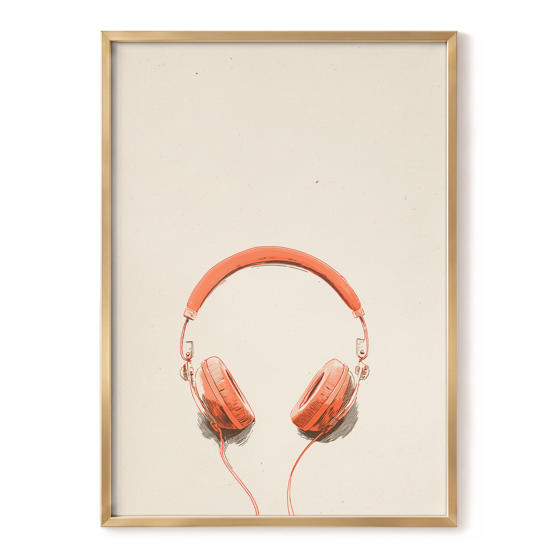 Vermilion Headphones, orange, beige, black minimalist wall art, front artwork view