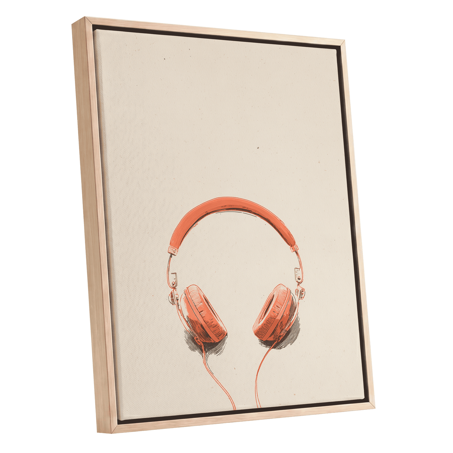 Vermilion Headphones, orange, beige, black minimalist wall art shown as a oak framed canvas wall art