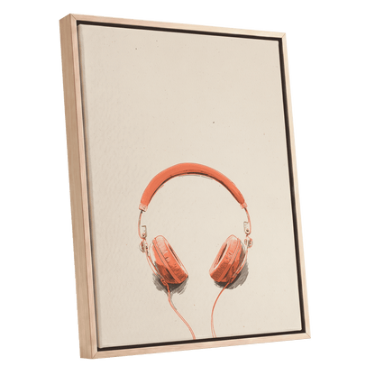 Vermilion Headphones, orange, beige, black minimalist wall art shown as a oak framed canvas wall art