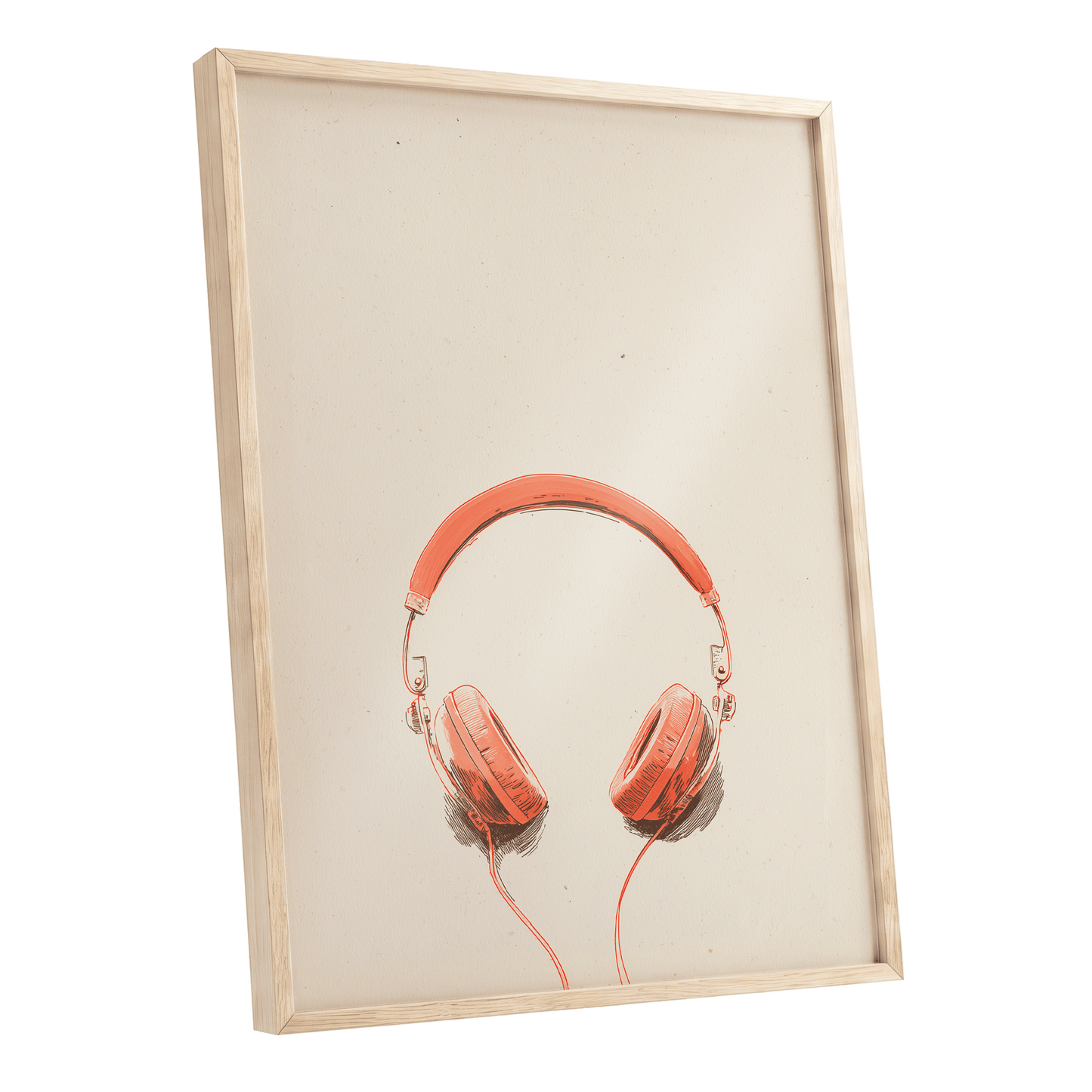 Vermilion Headphones, orange, beige, black minimalist wall art shown as a oak framed poster wall art print