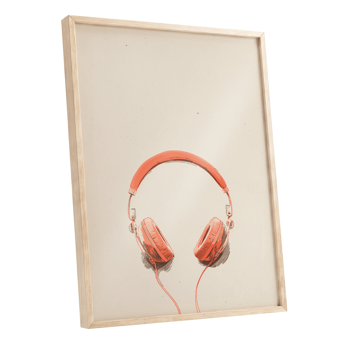 Vermilion Headphones, orange, beige, black minimalist wall art shown as a oak framed poster wall art print