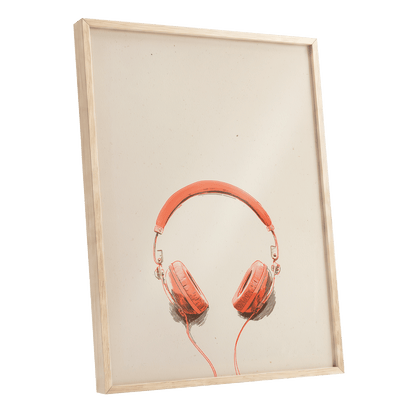 Vermilion Headphones, orange, beige, black minimalist wall art shown as a oak framed poster wall art print