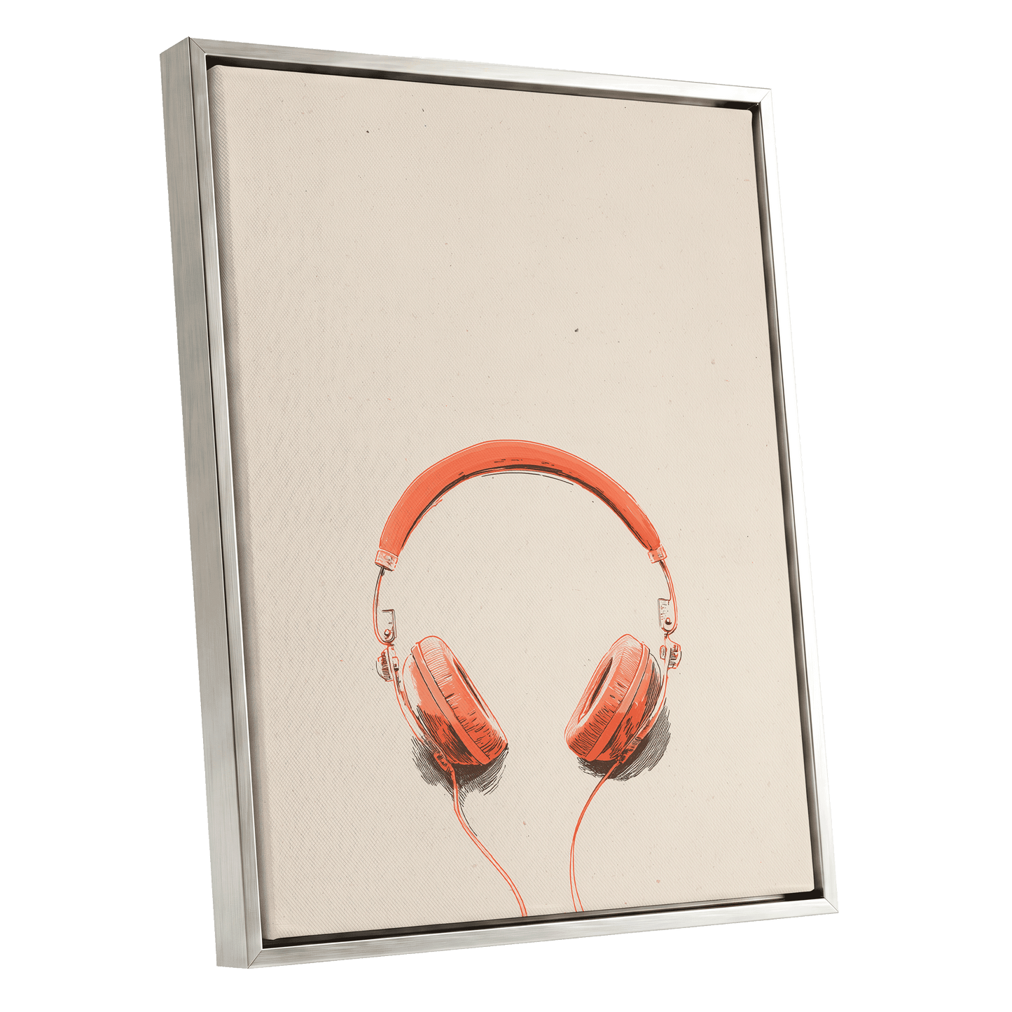Vermilion Headphones, orange, beige, black minimalist wall art shown as a silver framed canvas wall art