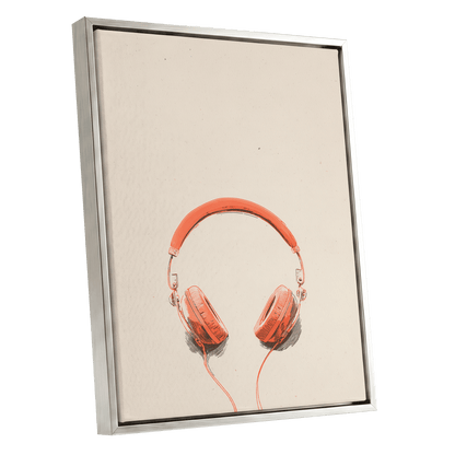 Vermilion Headphones, orange, beige, black minimalist wall art shown as a silver framed canvas wall art