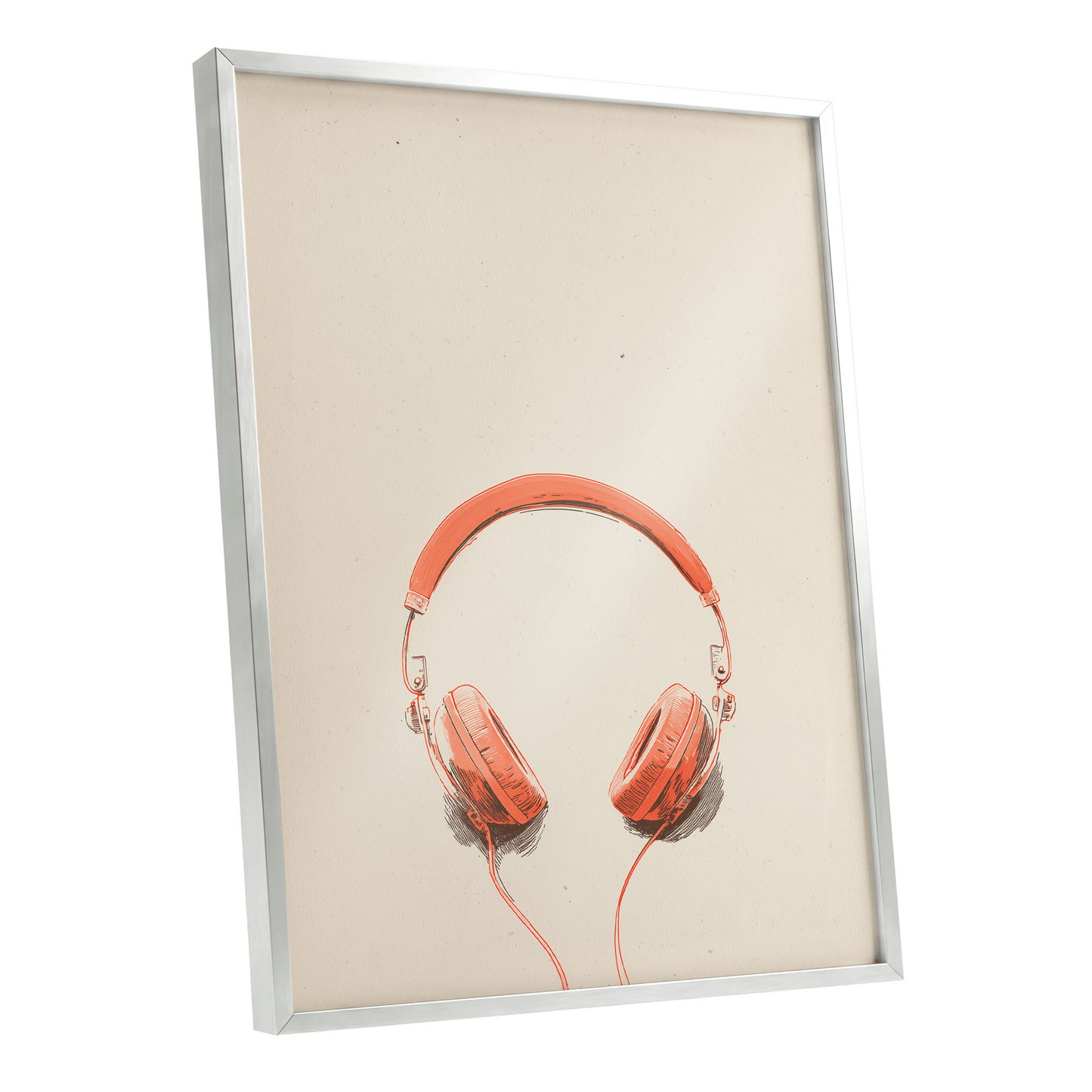 Vermilion Headphones, orange, beige, black minimalist wall art shown as a silver framed poster wall art print