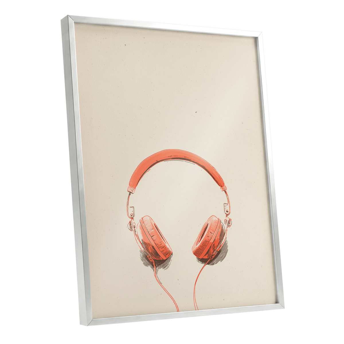 Vermilion Headphones, orange, beige, black minimalist wall art shown as a silver framed poster wall art print