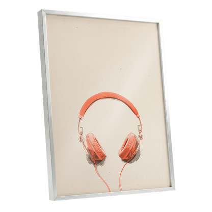 Vermilion Headphones, orange, beige, black minimalist wall art shown as a silver framed poster wall art print