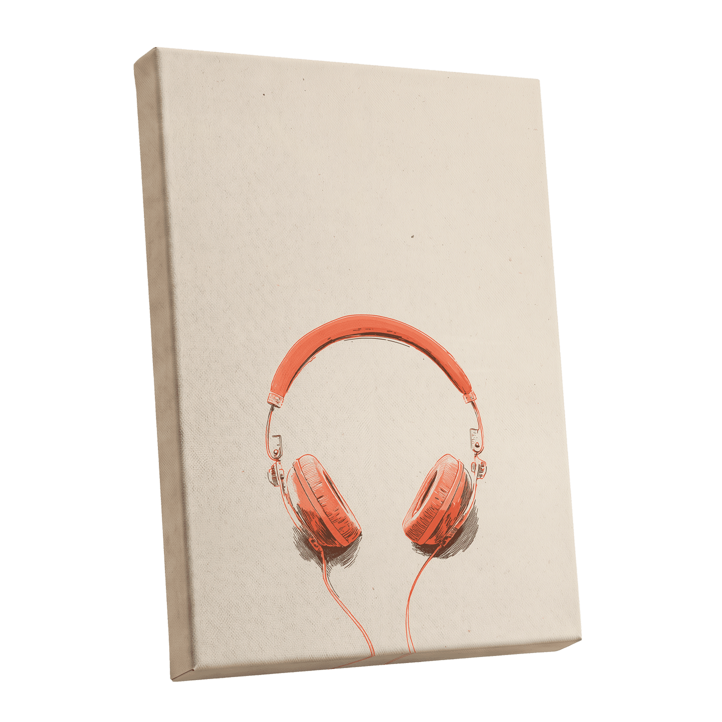 Vermilion Headphones, orange, beige, black minimalist wall art shown as a stretched canvas wall art