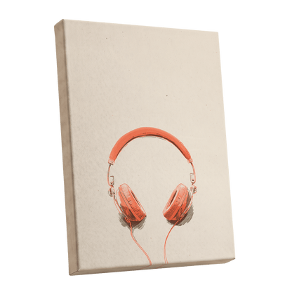 Vermilion Headphones, orange, beige, black minimalist wall art shown as a stretched canvas wall art