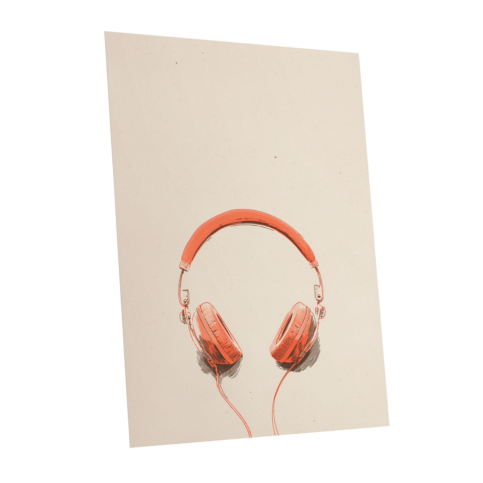 Vermilion Headphones, orange, beige, black minimalist wall art shown as a unframed poster wall art print