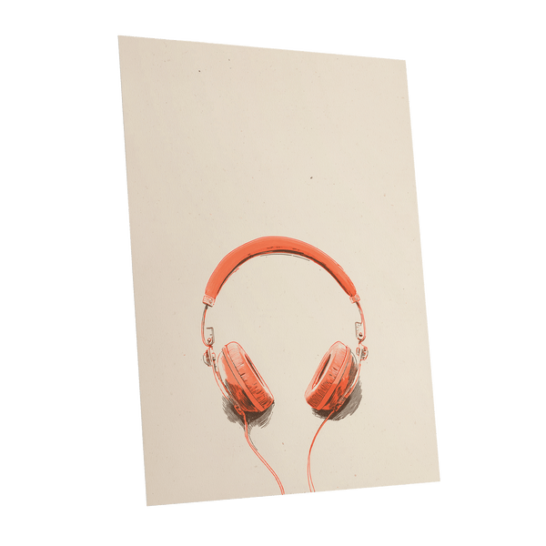 Vermilion Headphones, orange, beige, black minimalist wall art shown as a unframed poster wall art print