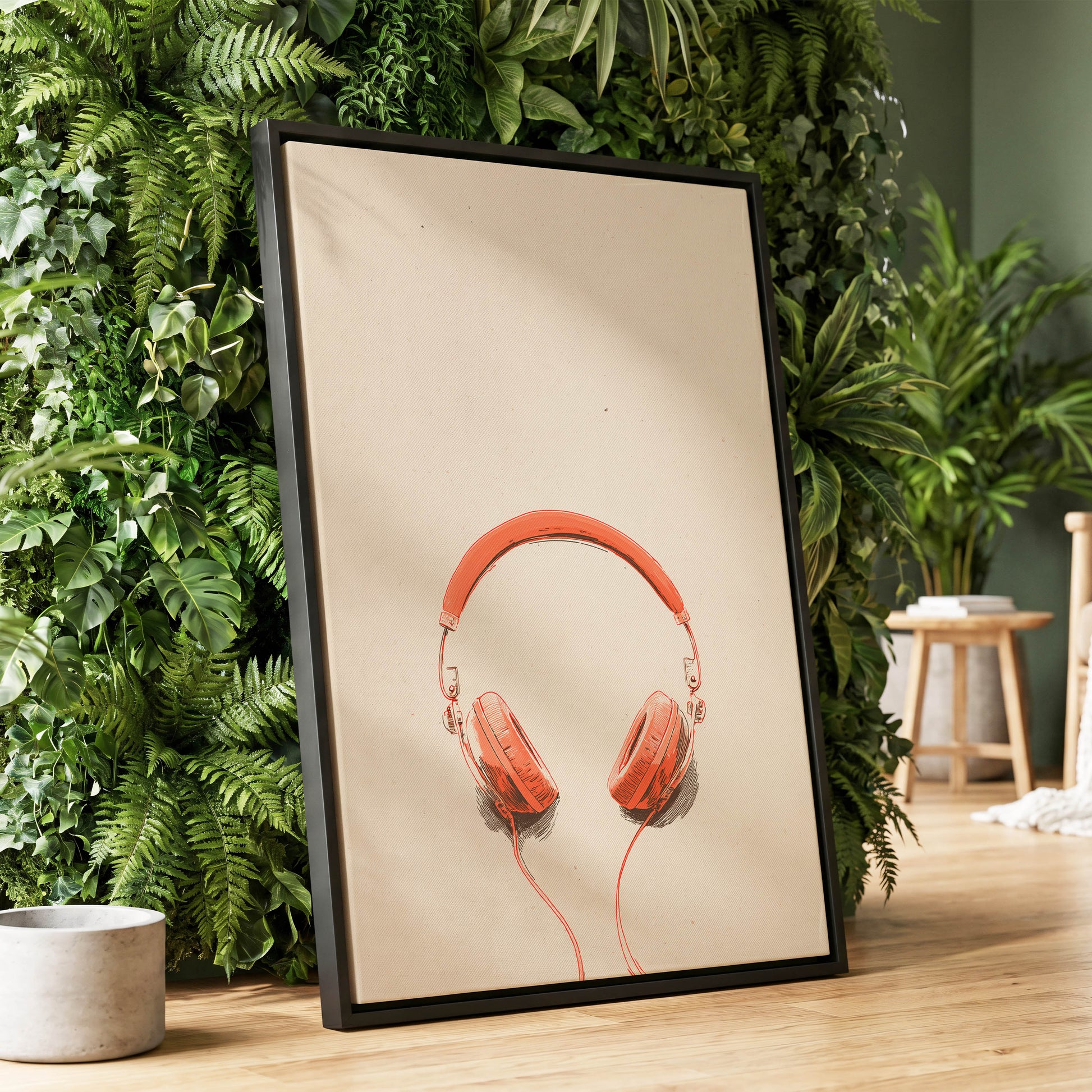 Vermilion Headphones, orange, beige, black minimalist wall art displayed in a styled interior, gallery view 1