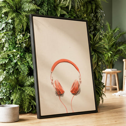Vermilion Headphones, orange, beige, black minimalist wall art displayed in a styled interior, gallery view 1