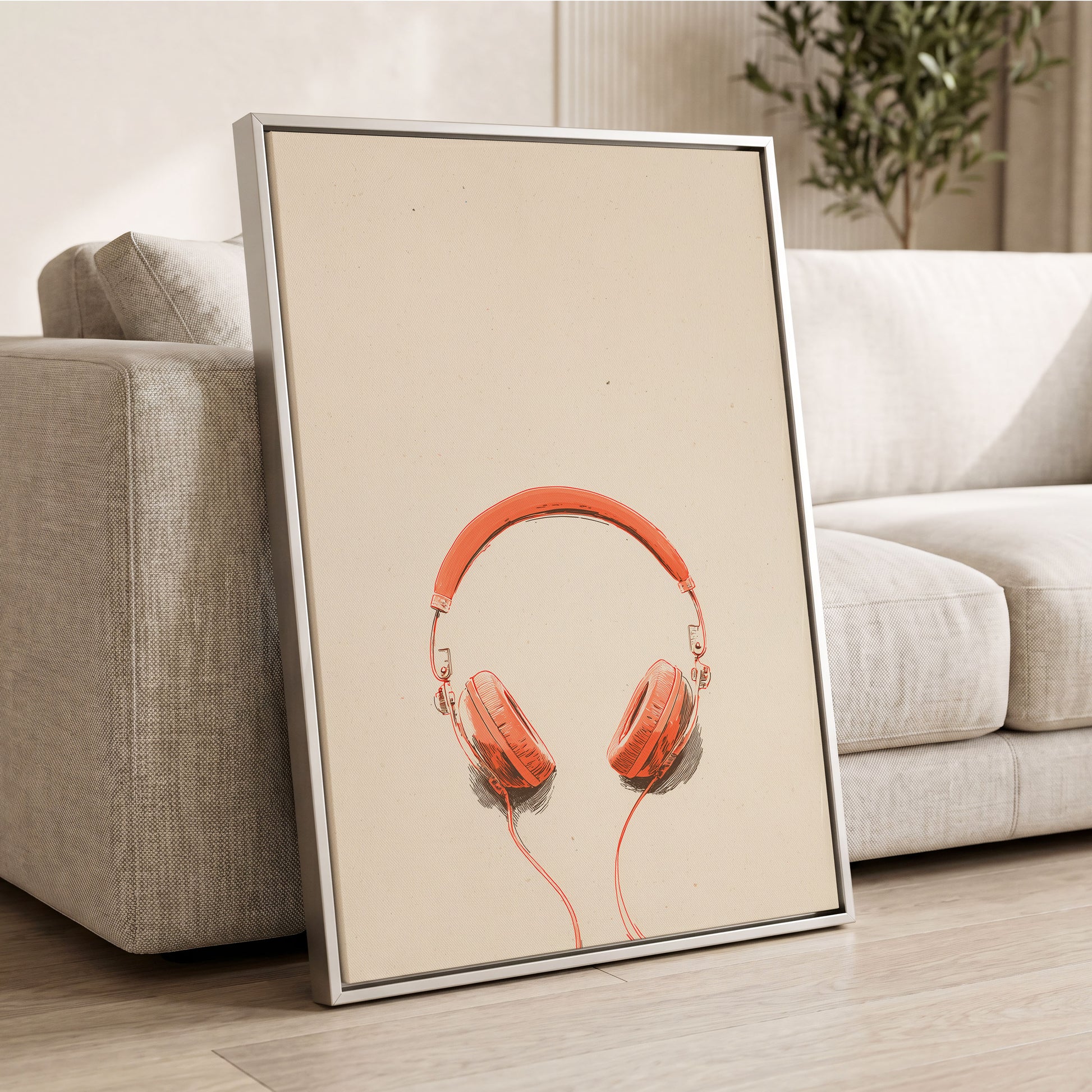Vermilion Headphones, orange, beige, black minimalist wall art displayed in a styled interior, gallery view 2