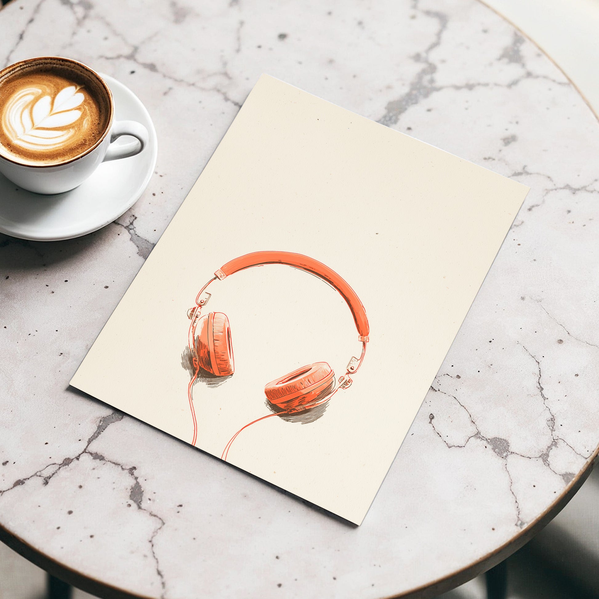 Vermilion Headphones, orange, beige, black minimalist wall art displayed in a styled interior, gallery view 3