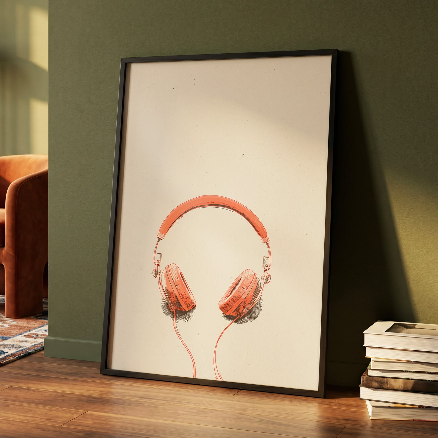 Vermilion Headphones, orange, beige, black minimalist wall art displayed in a styled interior, gallery view 4