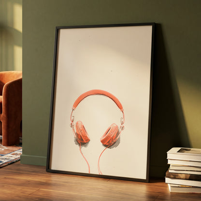 Vermilion Headphones, orange, beige, black minimalist wall art displayed in a styled interior, gallery view 4