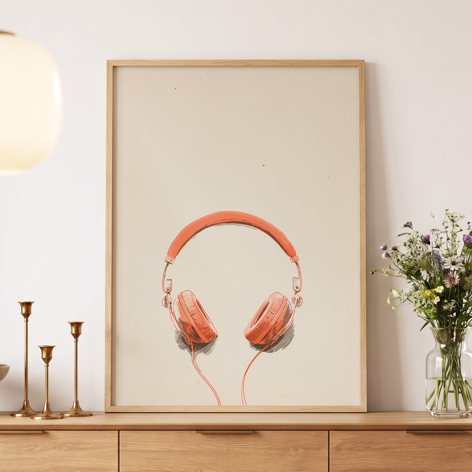 Vermilion Headphones, orange, beige, black minimalist wall art displayed in a styled interior, gallery view 5