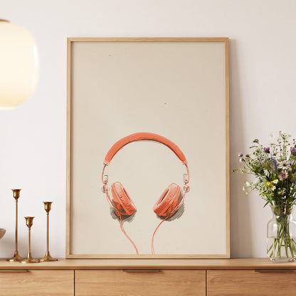 Vermilion Headphones, orange, beige, black minimalist wall art displayed in a styled interior, gallery view 5
