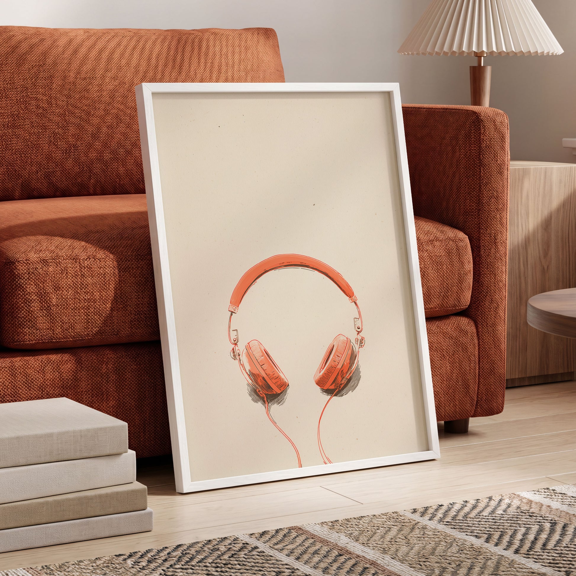 Vermilion Headphones, orange, beige, black minimalist wall art displayed in a styled interior, gallery view 6