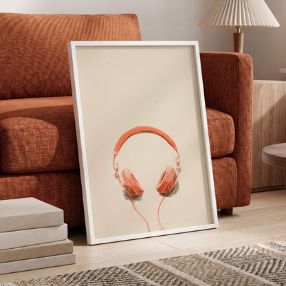 Vermilion Headphones, orange, beige, black minimalist wall art displayed in a styled interior, gallery view 6