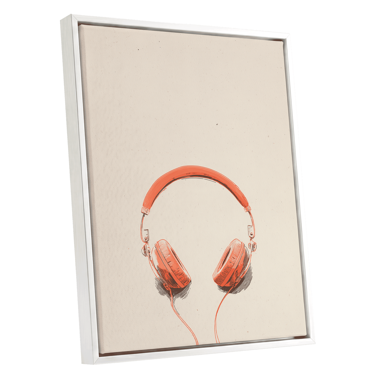 Vermilion Headphones, orange, beige, black minimalist wall art shown as a white framed canvas wall art