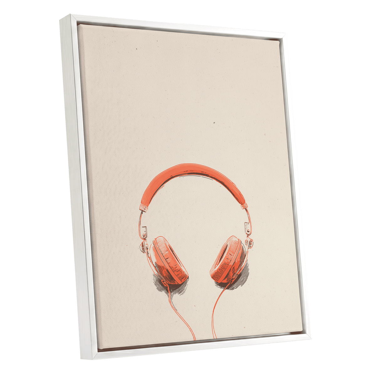 Vermilion Headphones, orange, beige, black minimalist wall art shown as a white framed canvas wall art