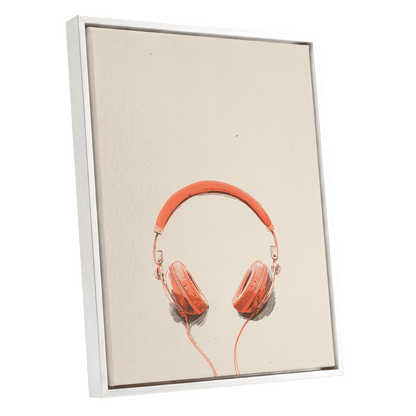 Vermilion Headphones, orange, beige, black minimalist wall art shown as a white framed canvas wall art