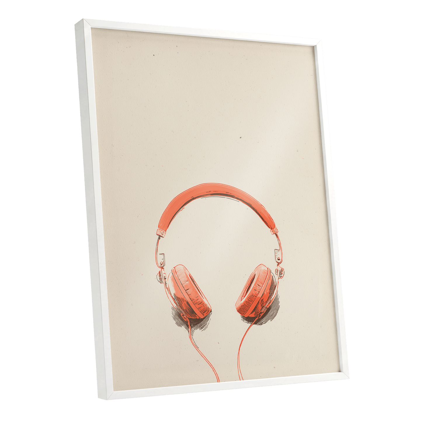 Vermilion Headphones, orange, beige, black minimalist wall art shown as a white framed poster wall art print