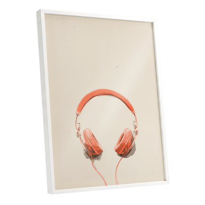 Vermilion Headphones, orange, beige, black minimalist wall art shown as a white framed poster wall art print