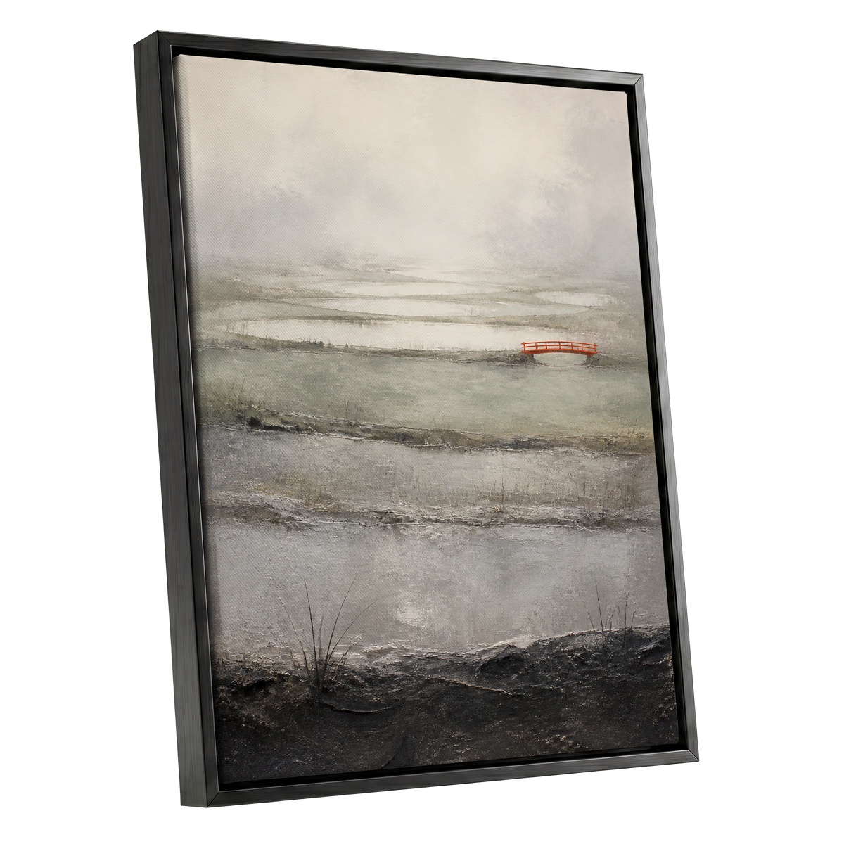 Vermilion in the Mist, beige, gray, black nature wall art shown as a black framed canvas wall art