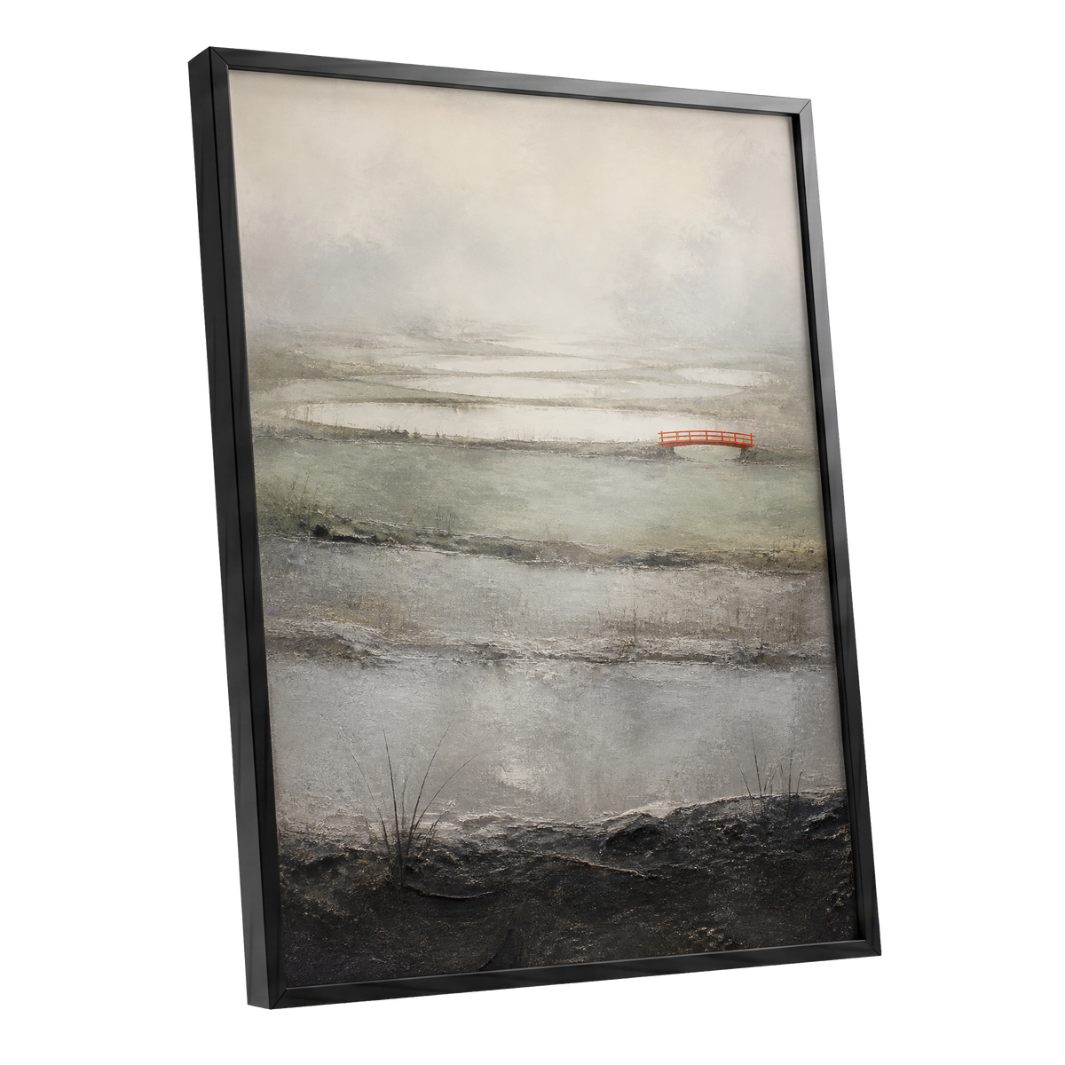 Vermilion in the Mist, beige, gray, black nature wall art shown as a black framed poster wall art print