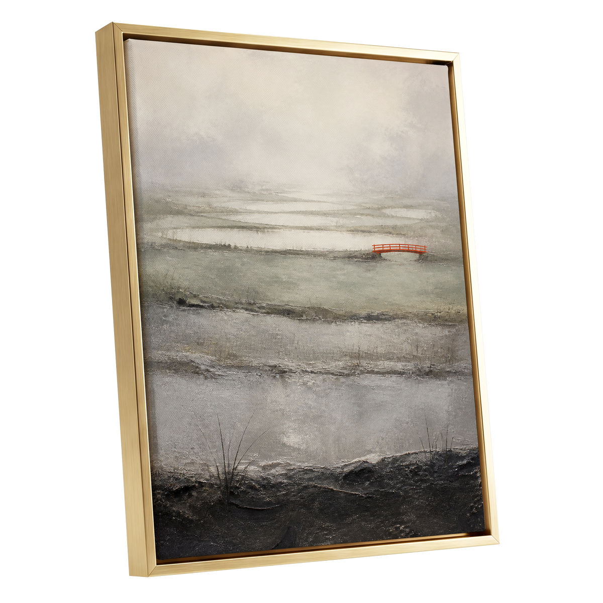 Vermilion in the Mist, beige, gray, black nature wall art shown as a gold framed canvas wall art