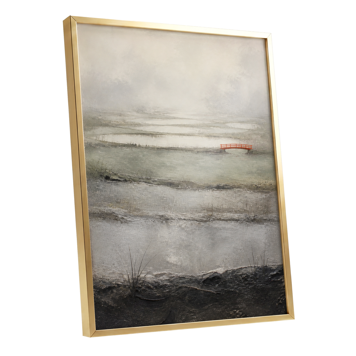 Vermilion in the Mist, beige, gray, black nature wall art shown as a gold framed poster wall art print