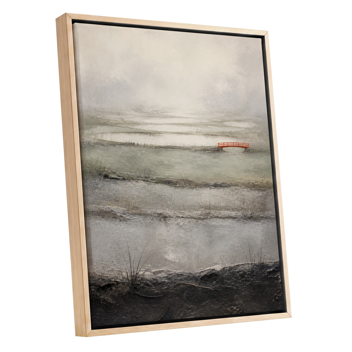 Vermilion in the Mist, beige, gray, black nature wall art shown as a oak framed canvas wall art