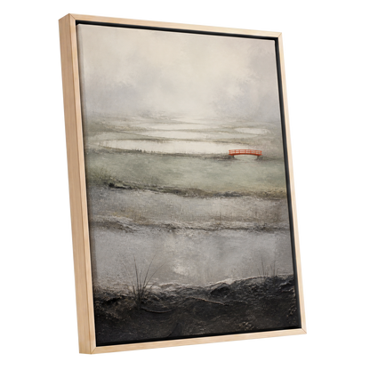 Vermilion in the Mist, beige, gray, black nature wall art shown as a oak framed canvas wall art
