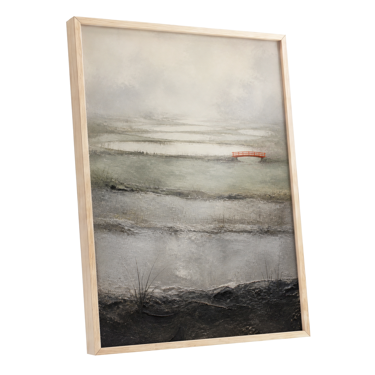 Vermilion in the Mist, beige, gray, black nature wall art shown as a oak framed poster wall art print