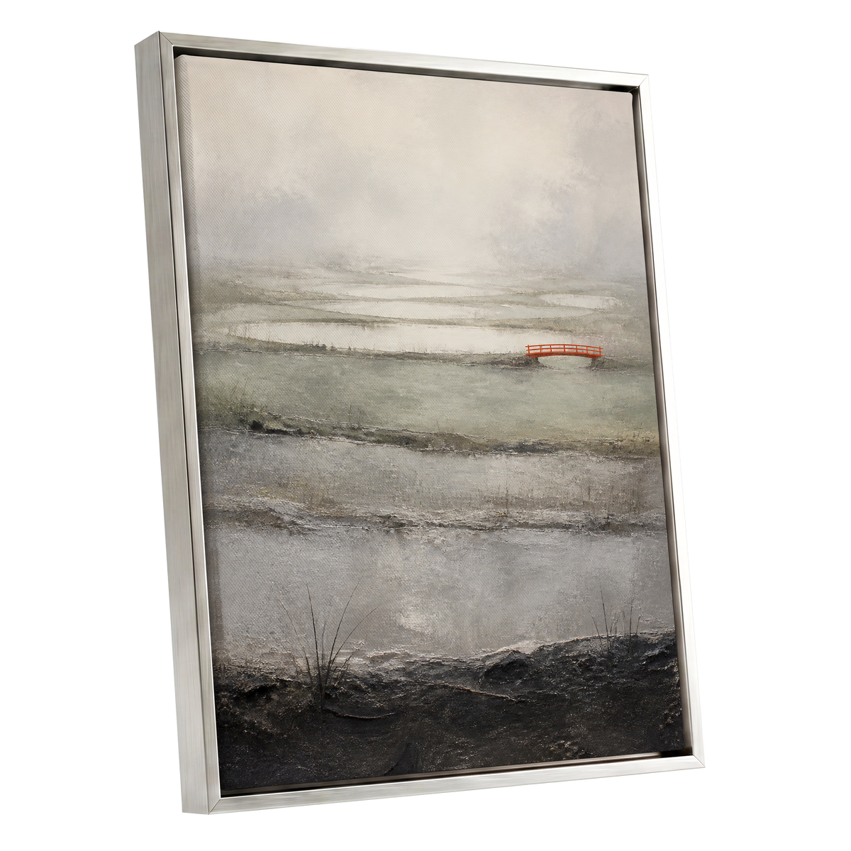 Vermilion in the Mist, beige, gray, black nature wall art shown as a silver framed canvas wall art