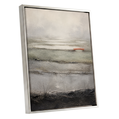 Vermilion in the Mist, beige, gray, black nature wall art shown as a silver framed canvas wall art