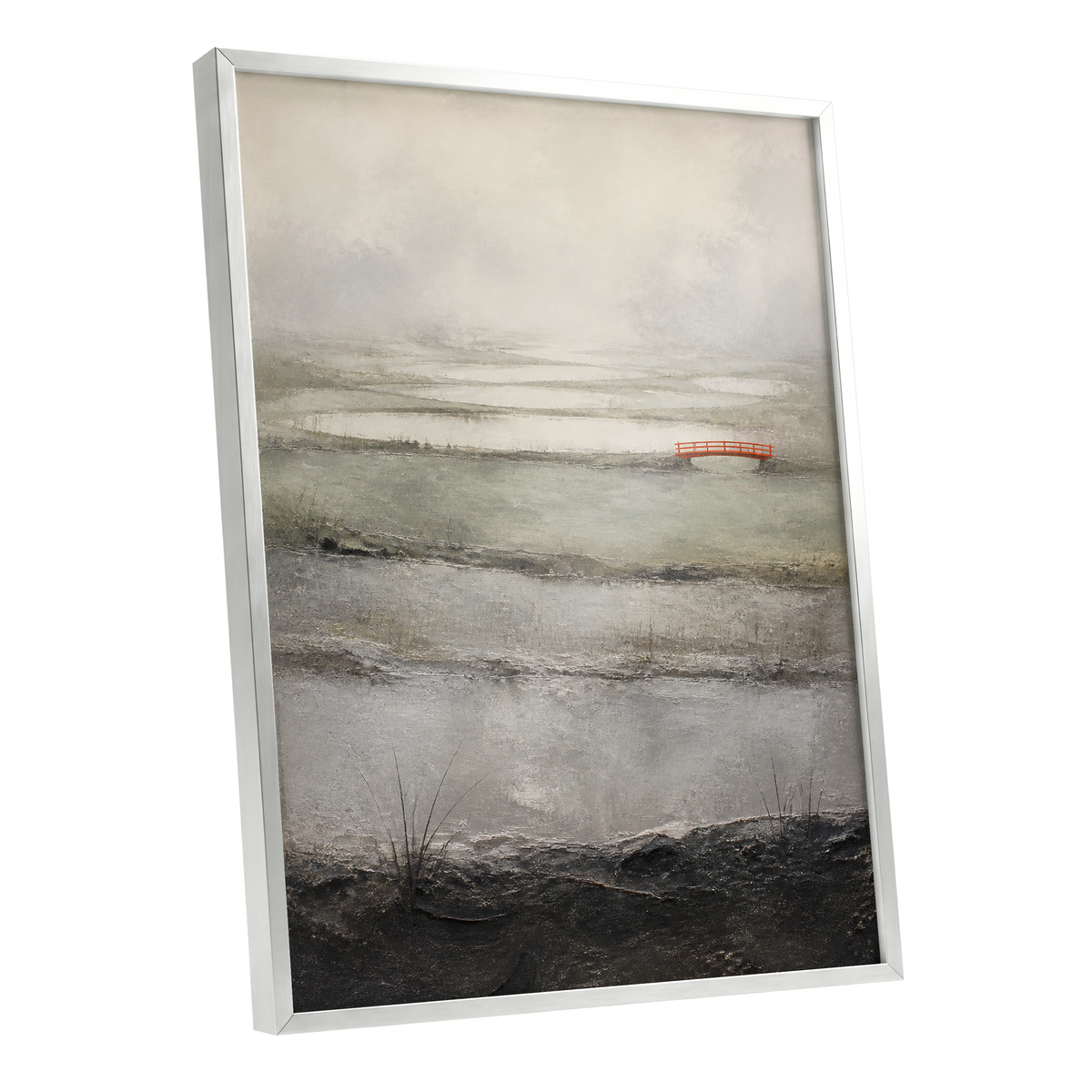 Vermilion in the Mist, beige, gray, black nature wall art shown as a silver framed poster wall art print