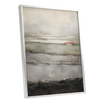 Vermilion in the Mist, beige, gray, black nature wall art shown as a silver framed poster wall art print