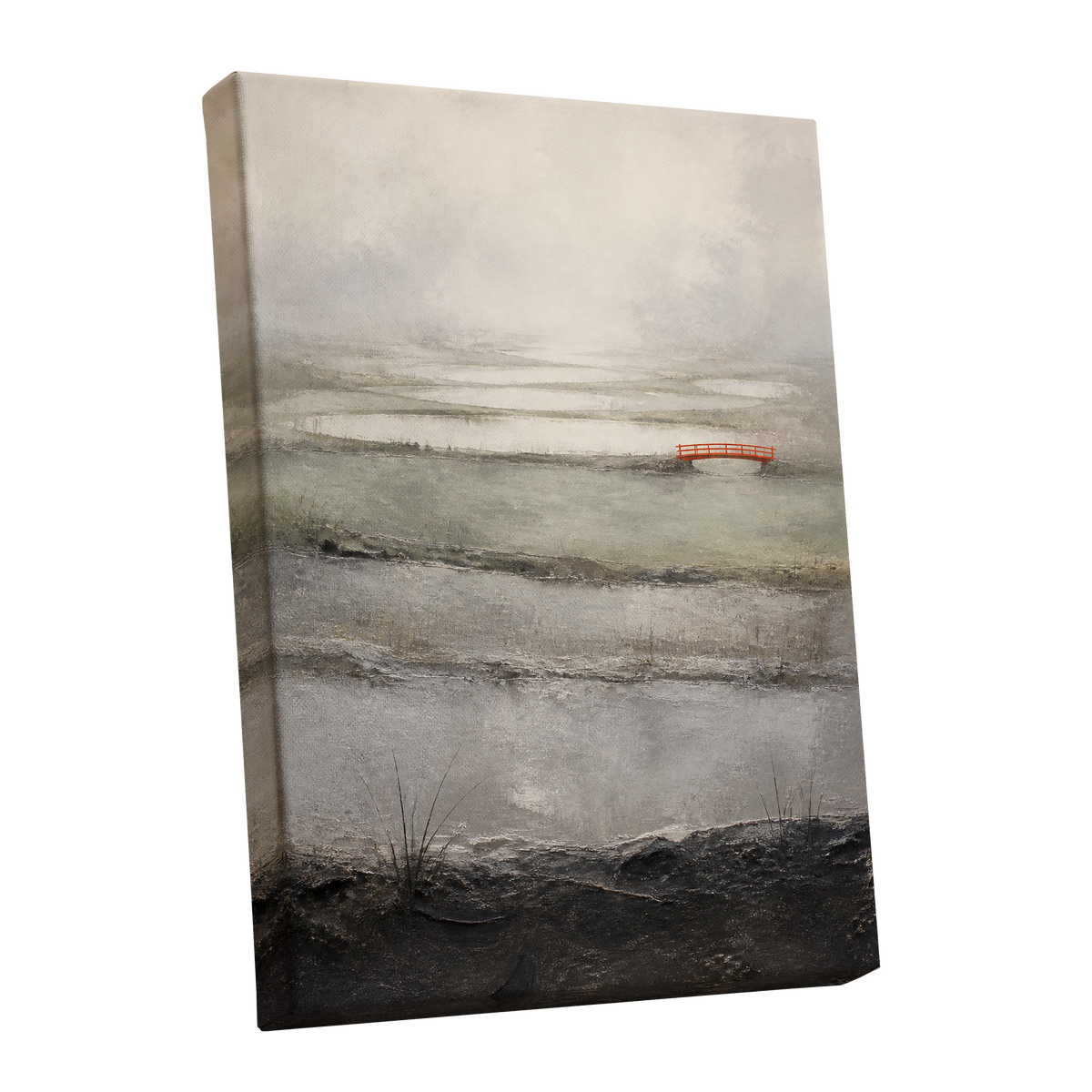 Vermilion in the Mist, beige, gray, black nature wall art shown as a stretched canvas wall art