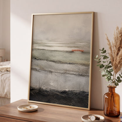 Vermilion in the Mist, beige, gray, black nature wall art displayed in a styled interior, gallery view 2
