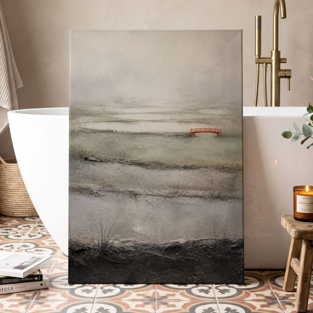Vermilion in the Mist, beige, gray, black nature wall art displayed in a styled interior, gallery view 3