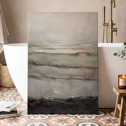 Vermilion in the Mist, beige, gray, black nature wall art displayed in a styled interior, gallery view 3